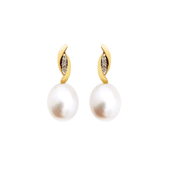 18K (750) Yellow Gold Ladies/ Women Everyday Pearl and Diamond Drop Earrings