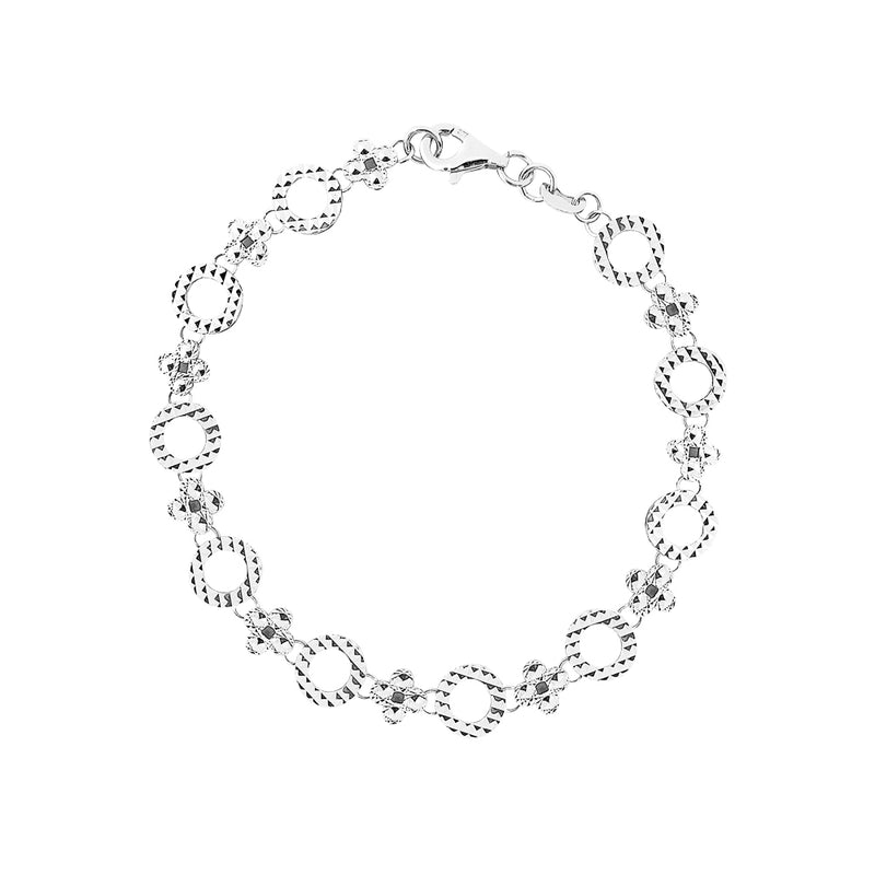 9K (375) White Gold Women/ Ladies Diamond Cut Flowers & Outline Circles Bracelet