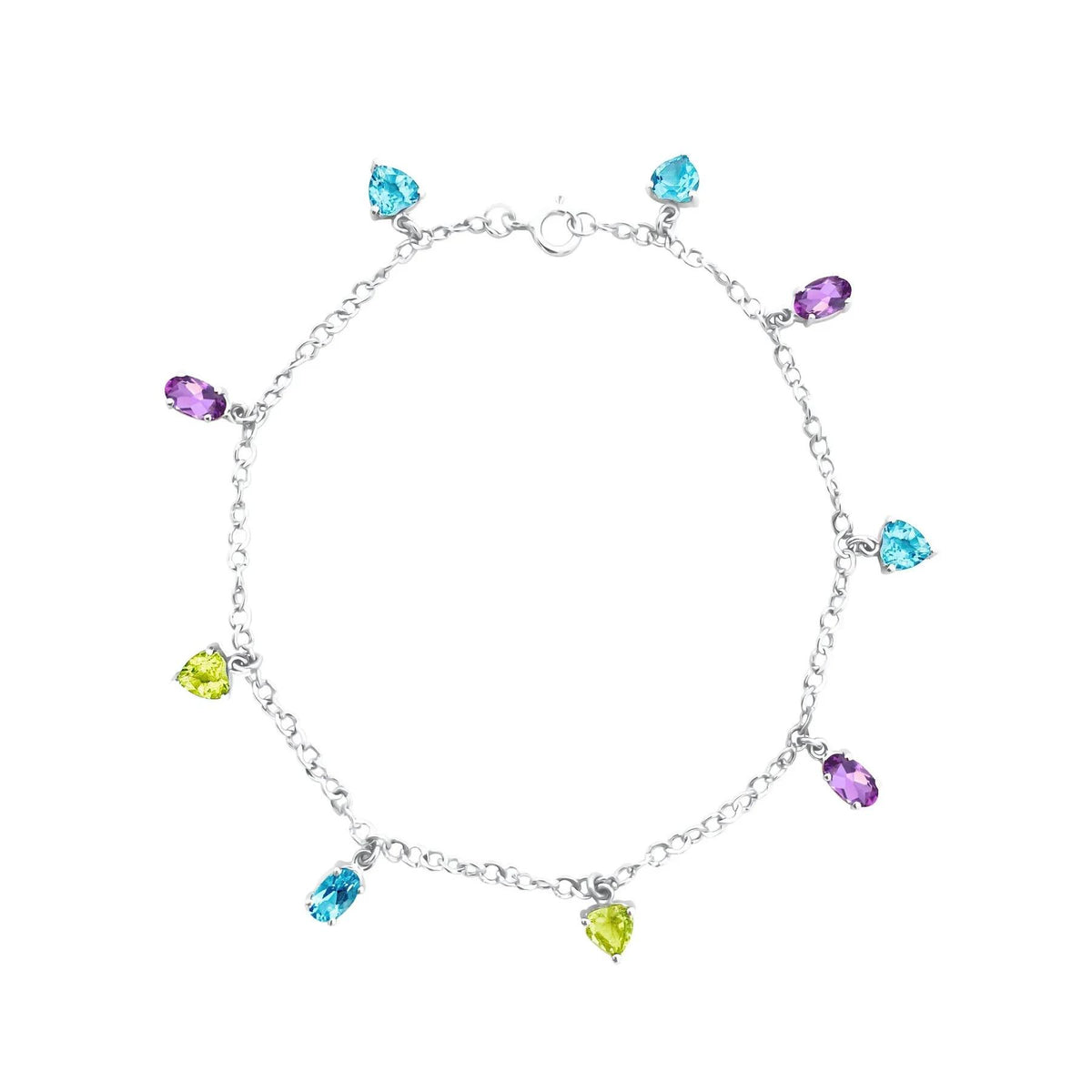 18K/750 White Gold Blue Topaz, Peridot & Amethyst Charm Bracelet