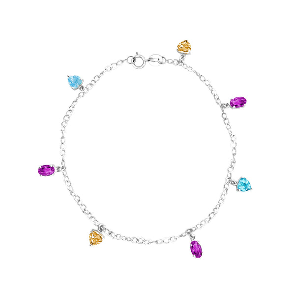 18K/750 White Gold Amethyst, Yellow Topaz & Blue Topaz Charm Bracelet