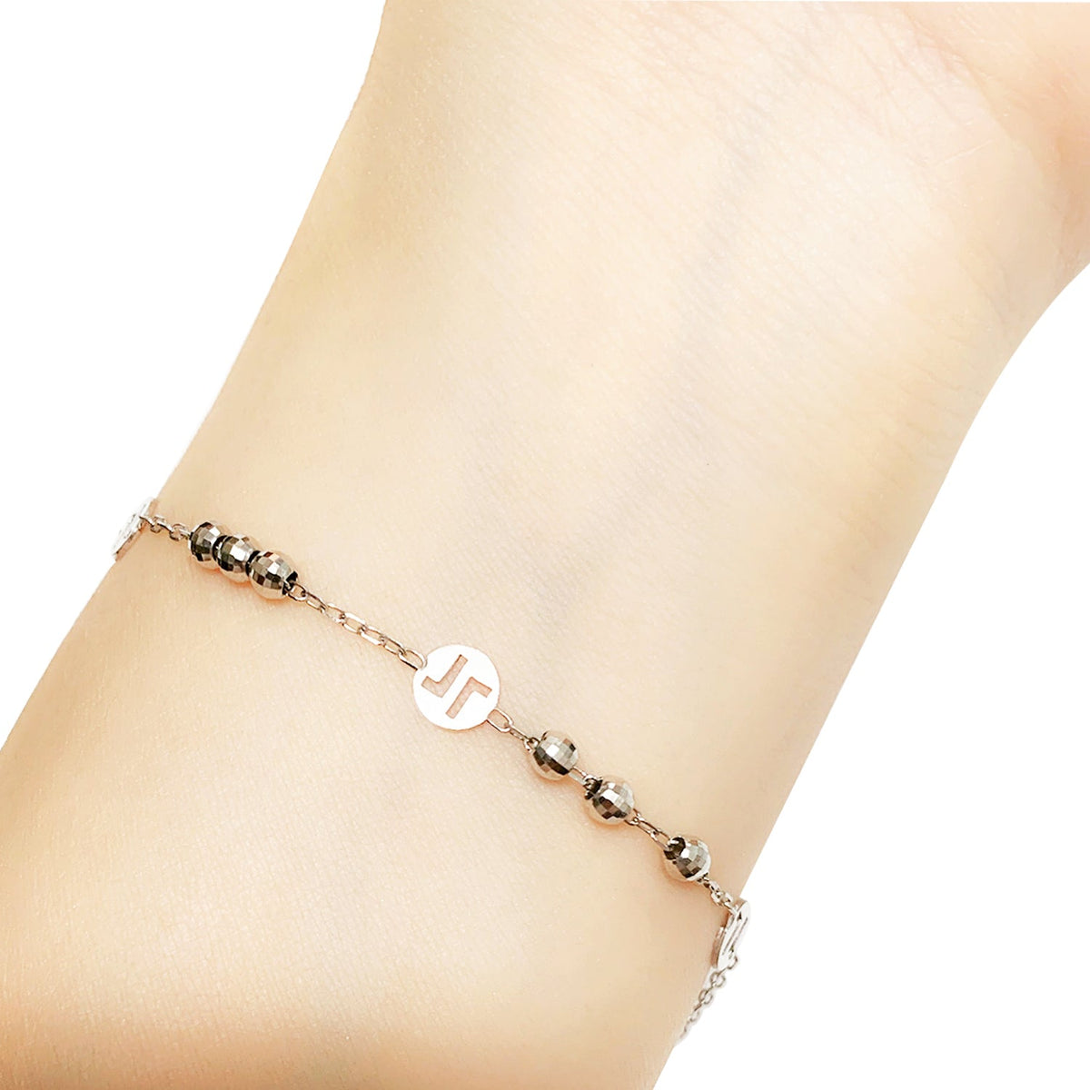 18K (750) White Gold Women/ Ladies Dainty Double L (Love) Machine Cut Beads Bracelet