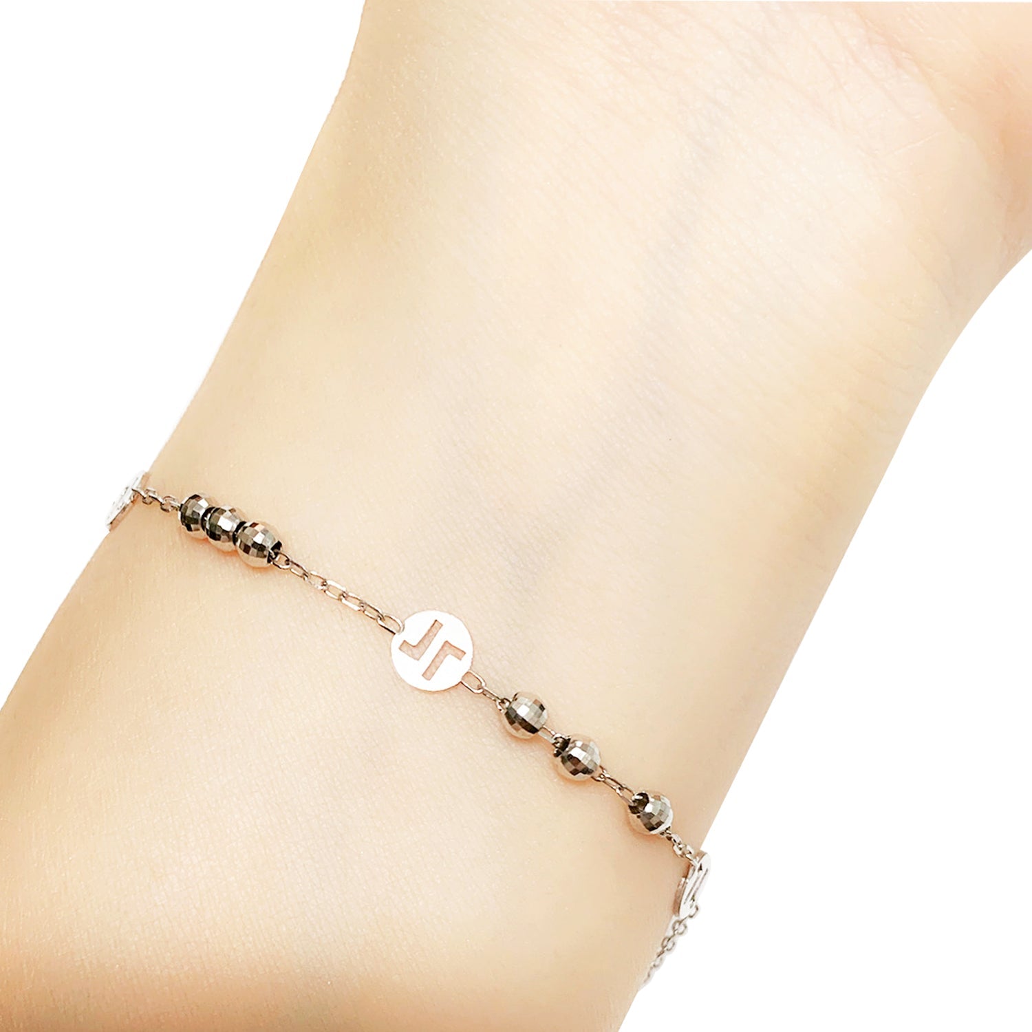 18K (750) White Gold Women/ Ladies Dainty Double L (Love) Machine Cut Beads Bracelet