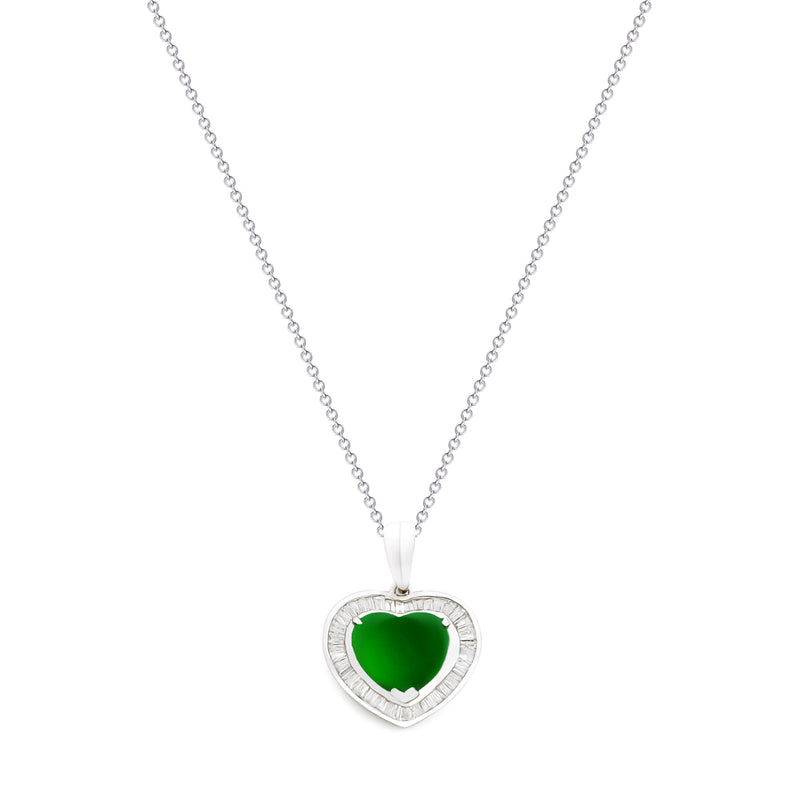 18K (750) White Gold Ladies/ Women Heart Shaped Imperial Jade and Diamond Pendant