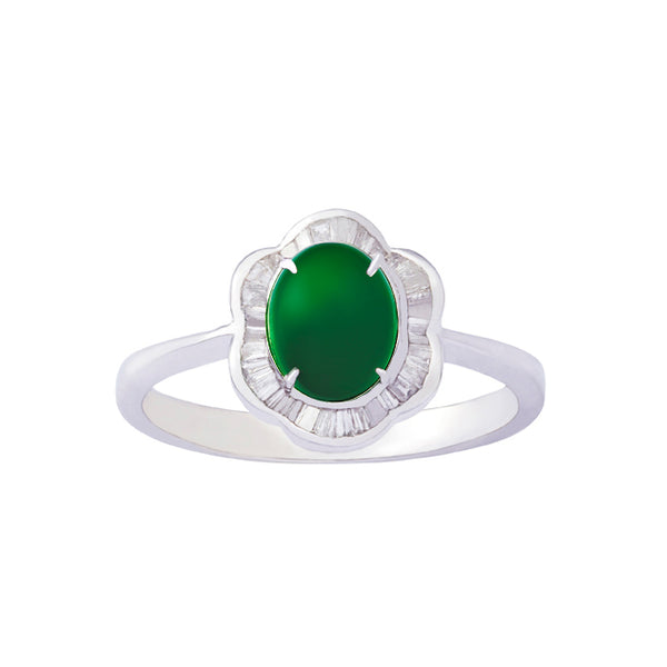 18K (750) White Gold Ladies/ Women Imperial Jade and Diamond Flower Ring