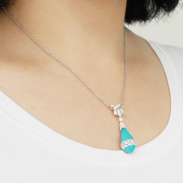 18K (750) White Gold Ladies/ Women Two Way Ribbon Turquoise & Diamond Necklace