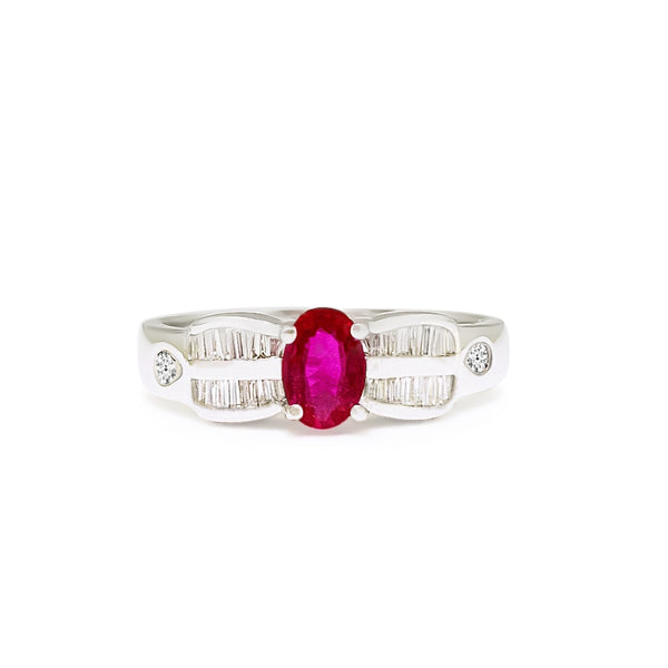 18K/ 750 White Gold Ruby Tapered Diamond Ring