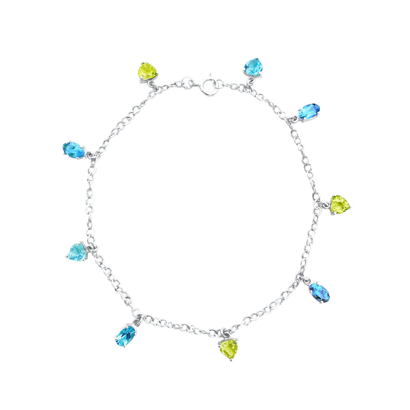 18K/ 750 White Gold Blue Topaz & Peridot Charm Bracelet