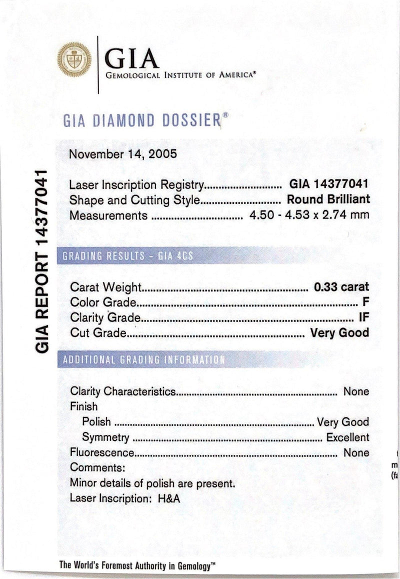 GIA Certified Round Loose Diamond, 0.33 Carat, F Colour, IF, H&A