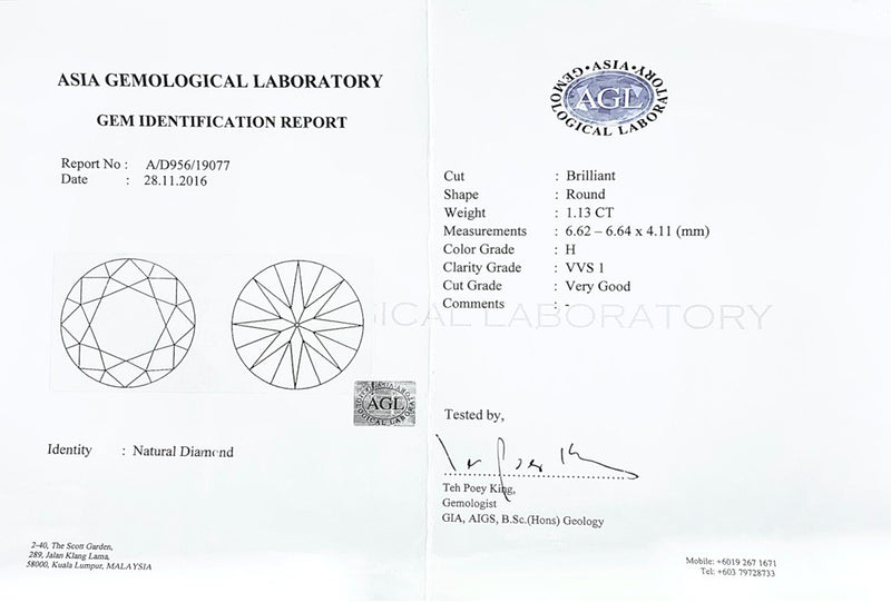 [Clearance] Asia Gemological Laboratory (AGL) Certified Round Loose Diamond, 1.13 Carat, H Colour, VVS1