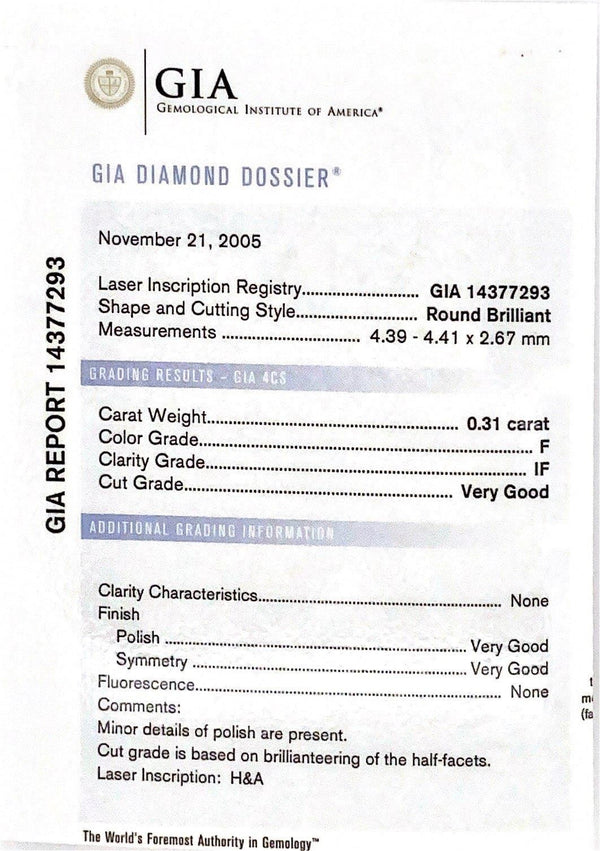 GIA Certified Round Loose Diamond, 0.31 Carat, F Colour, IF, H&A