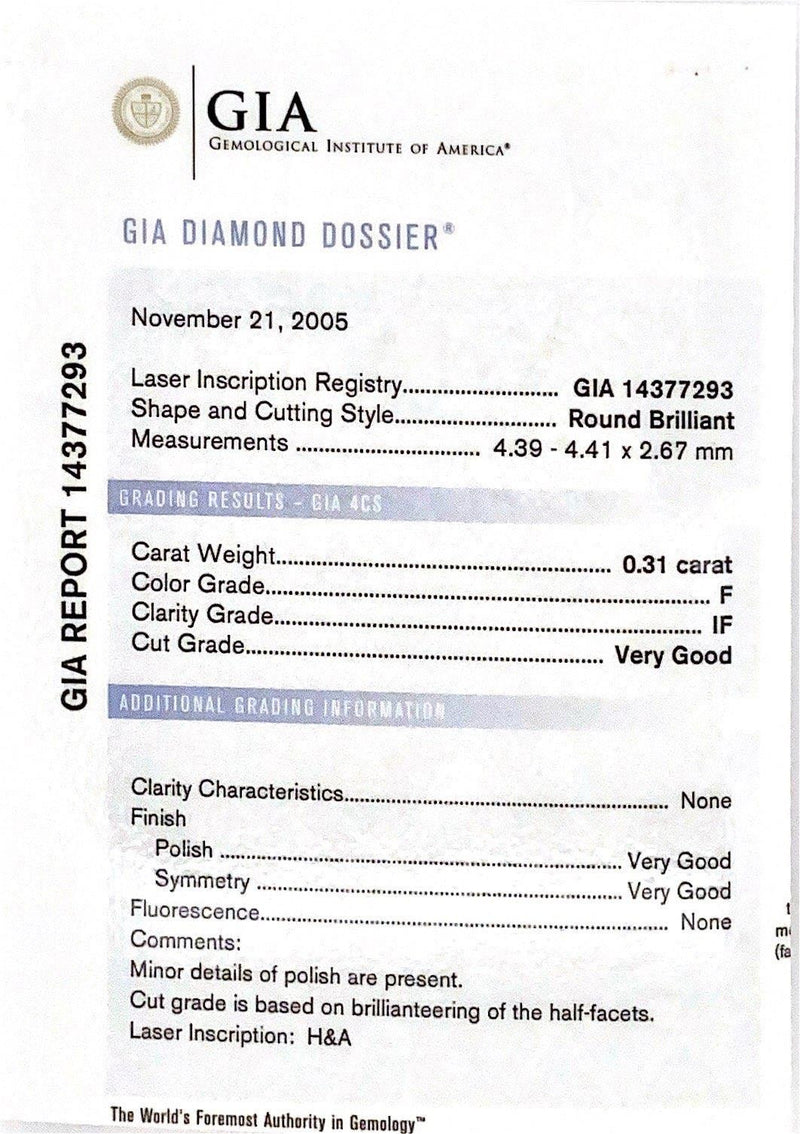 GIA Certified Round Loose Diamond, 0.31 Carat, F Colour, IF, H&A