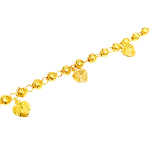22K (916) Yellow Gold Ladies/ Women Heart Shaped Charms with Moon Cut Bead Bracelet