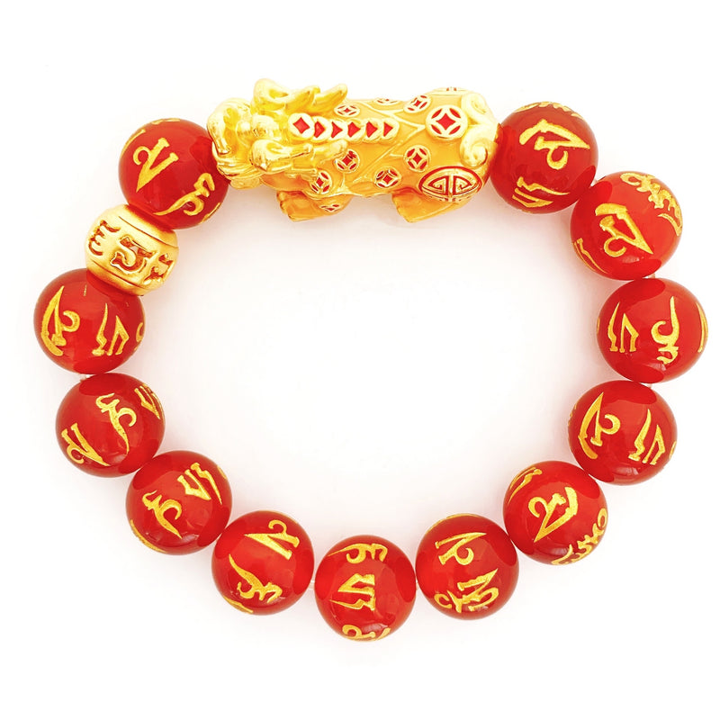 24K (999) Yellow Gold Unisex 3D Pi Xiu Mantra Agate Bracelet