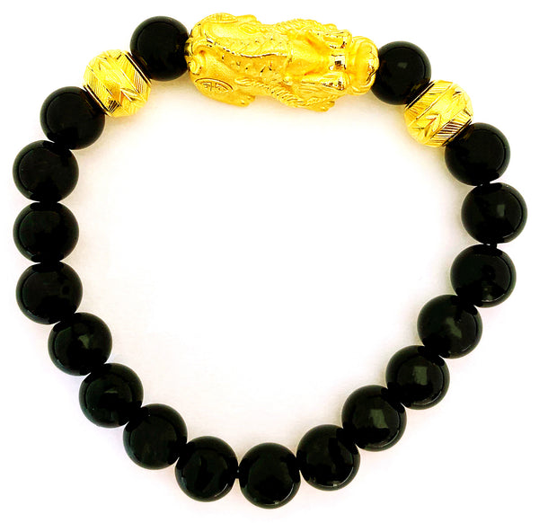 24K (999) Yellow Gold Unisex 3D Pi Xiu With Koi Fish Obsidian Bracelet