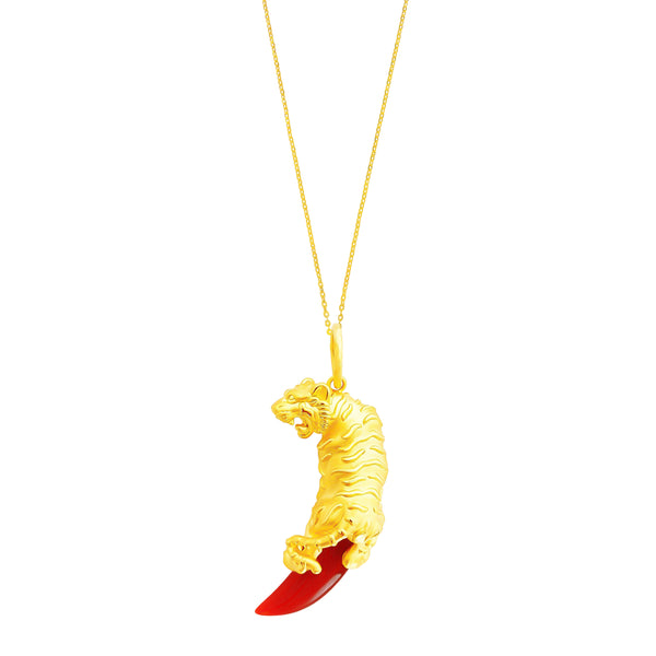 24K (999) Yellow Gold 3D Tiger With Agate Pendant