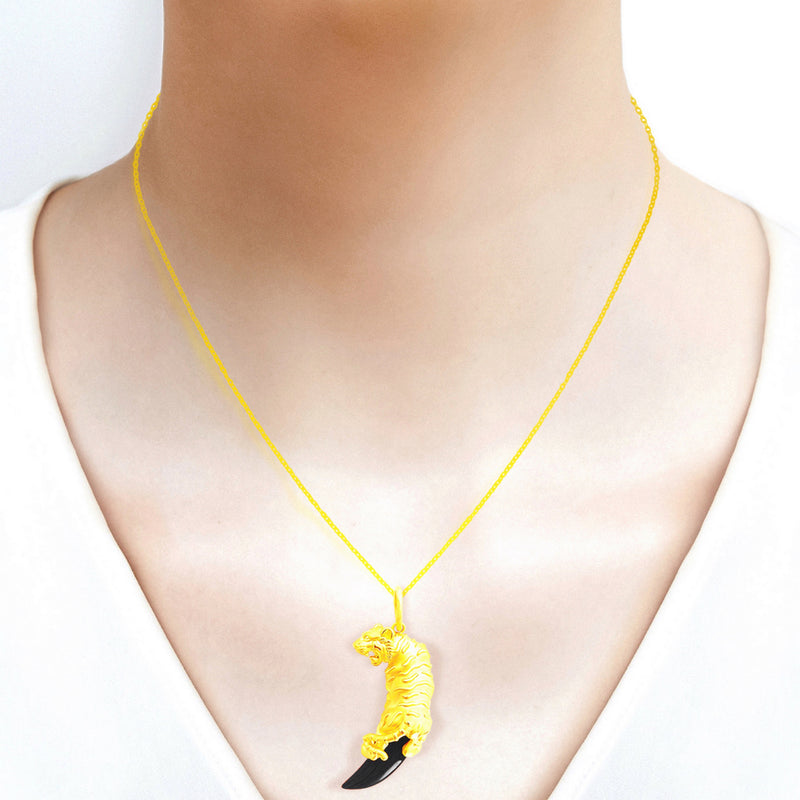 24K (999) Yellow Gold 3D Tiger With Obsidian Pendant