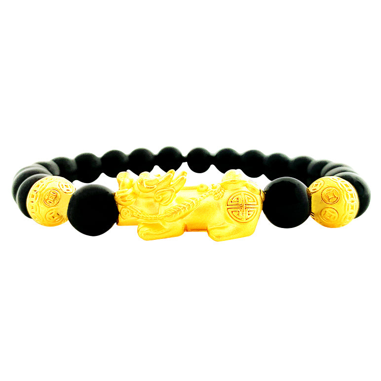 24K (999) Yellow Gold Unisex 3D Pi Xiu with Chinese Ingot Obsidian Bracelet