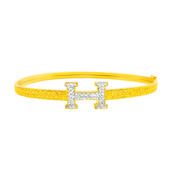 22K/ 916 Yellow Gold Oval Shaped Two Tone Letter H Bangle