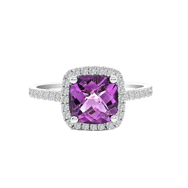 18K/ 750 White Gold Cushion Amethyst Diamond Ring