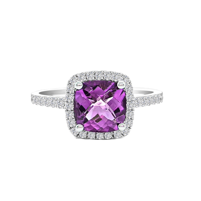 18K/ 750 White Gold Cushion Amethyst Diamond Ring