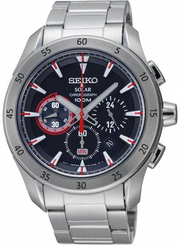 Seiko Criteria Men SSC175P1 Black Dial Solar Chronograph Stainless Steel Watch