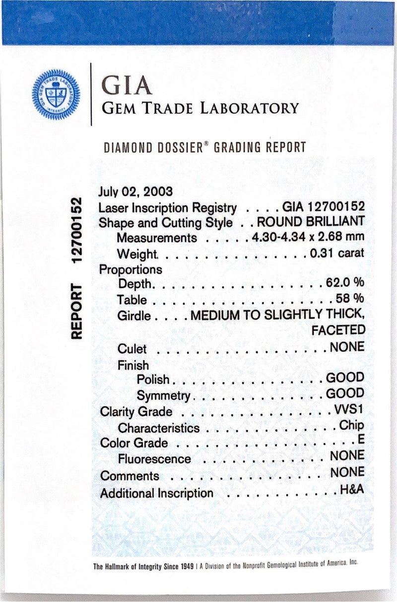 GIA Certified Round Loose Diamond, 0.31 Carat, E Colour, VVS1, H&A