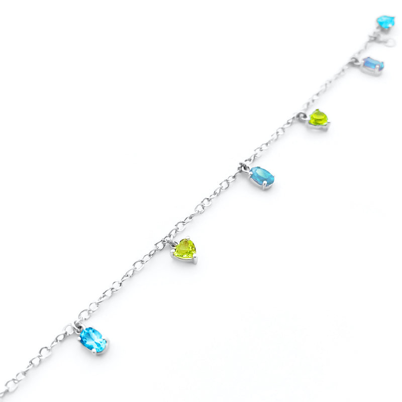 18K/ 750 White Gold Blue Topaz & Peridot Charm Bracelet