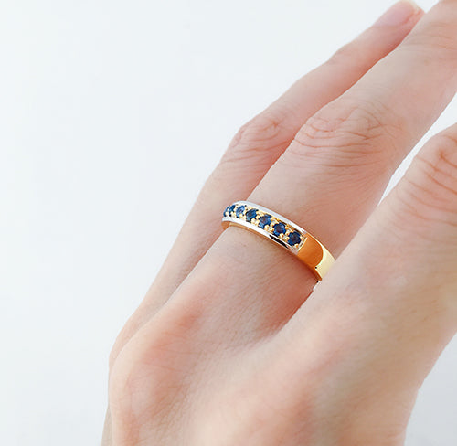 9K (375) Yellow Gold Unisex Two Tone Half Eternity Blue Sapphire Ring