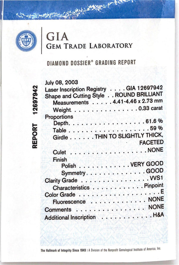 GIA Certified Round Loose Diamond, 0.33 Carat, E Colour, VVS1, H&A