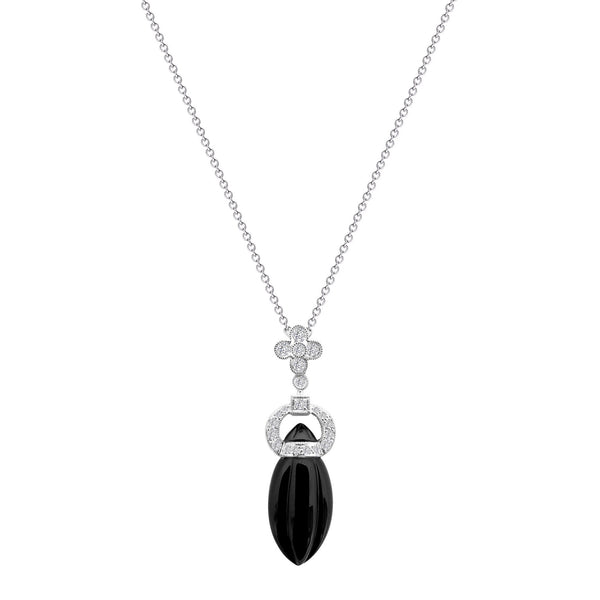 18K/750 White Gold Two Way Clover Onyx Diamond Necklace